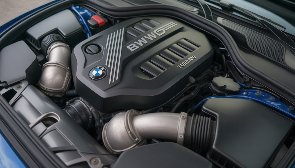 Gros plan sur un moteur BMW 4 cylindres turbo avec système TwinPower