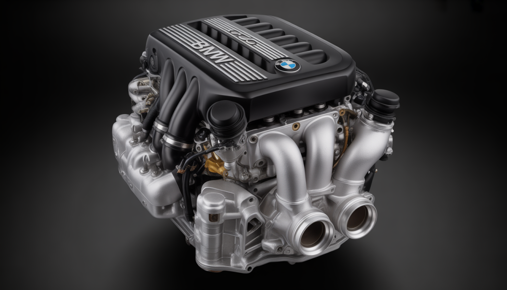 Photographie macro du moteur BMW N54 avec bi-turbo et pièces internes