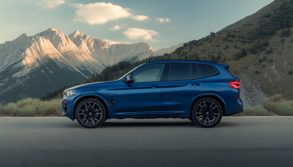 BMW X3M garée sur une route de montagne avec vue panoramique
