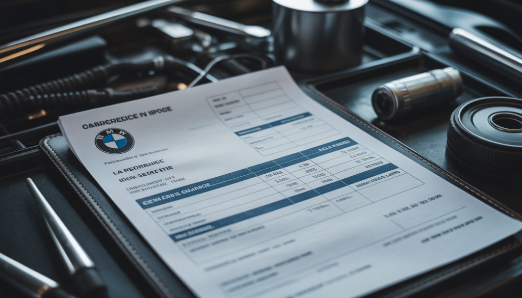 Facture de service BMW posée sur un bureau de mécanicien avec des détails visibles