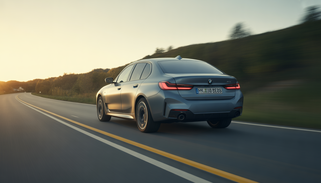 BMW vue arrière en accélération sur route sinueuse, pneus fumants