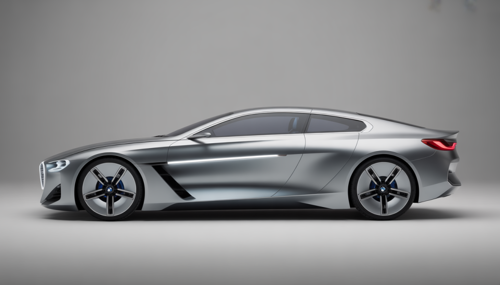 Voiture concept BMW Skytop futuriste argentée sous éclairage studio