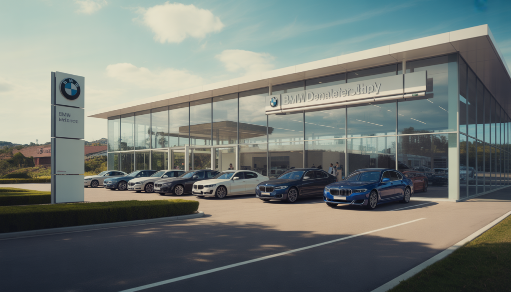 Extérieur d'une concession BMW avec personnel et voitures de luxe, style photoréaliste
