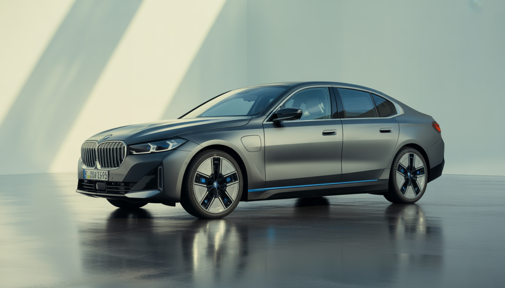 BMW i5 électrique photographiée avec un design moderne et toit vitré
