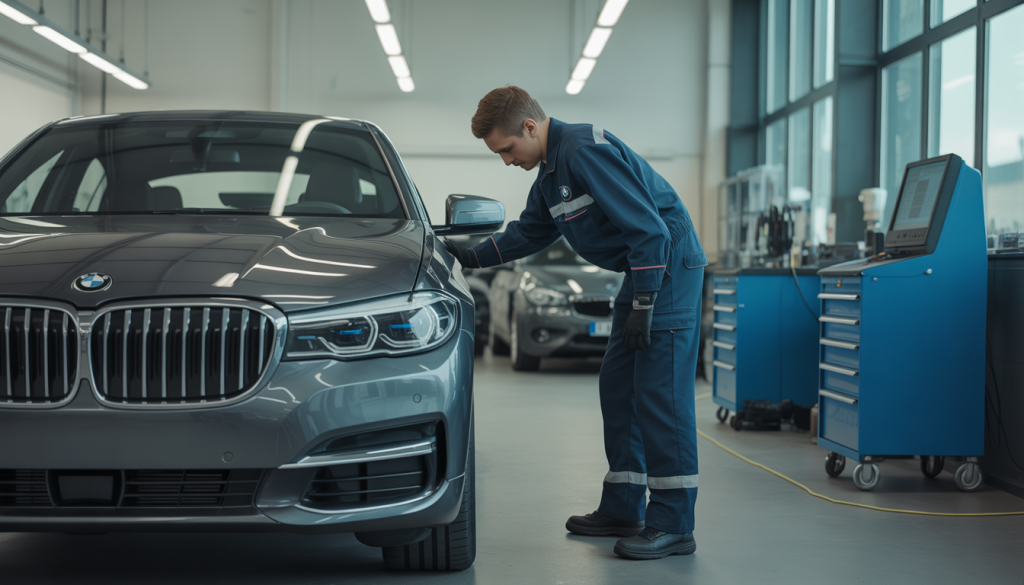 Technicien BMW en uniforme réparant une voiture dans un atelier équipé