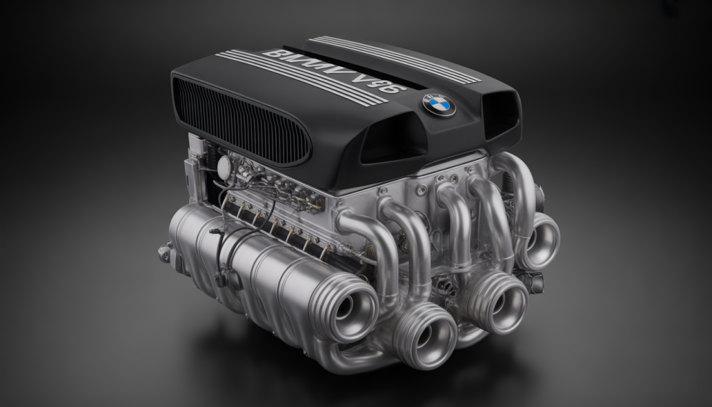Gros plan du moteur BMW S85 V10 avec éclairage studio