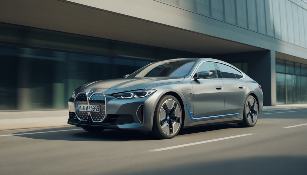 Voiture électrique BMW i4 Gran Coupé avec calandre chromée et feux LED verticaux dans un décor urbain moderne