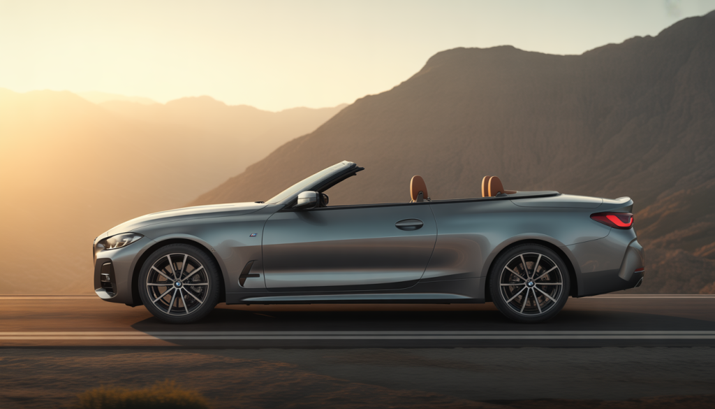 Vue latérale d'une BMW Série 4 cabriolet noire sur route en montagne au coucher du soleil