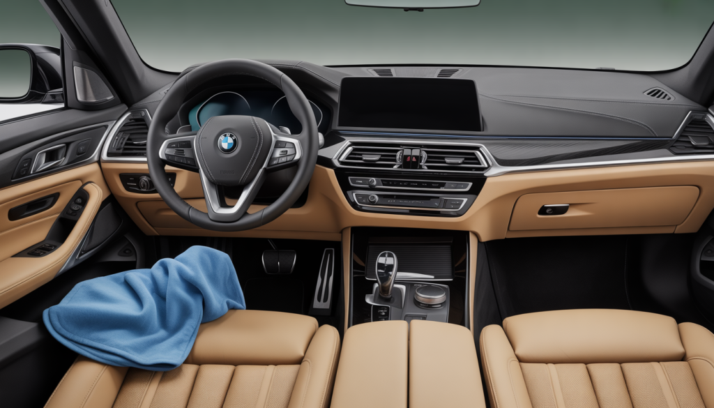 Personne nettoyant l'intérieur d'une BMW avec aspirateur et chiffon microfibre