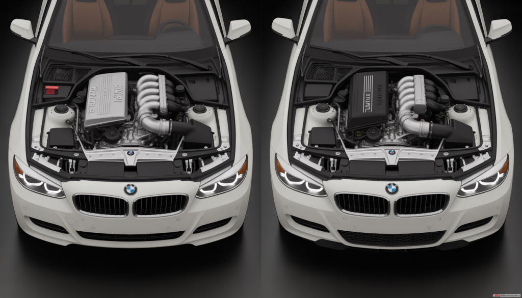 Deux moteurs BMW côte à côte, N54 avec deux turbocompresseurs et N55 avec un turbo double entrée
