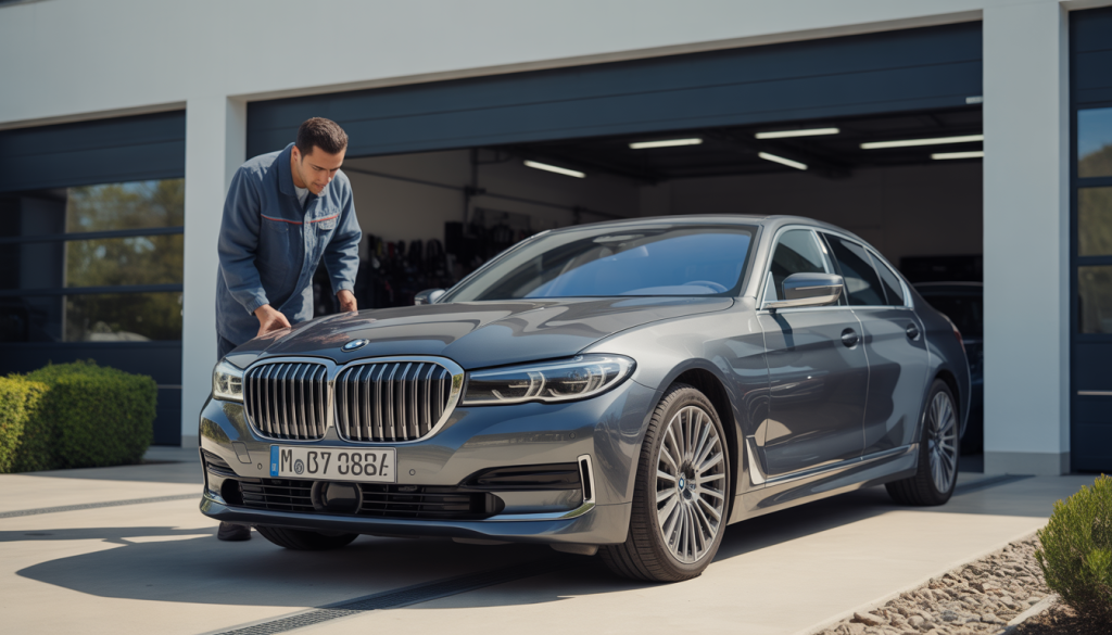 Mécanicien inspectant une BMW devant un garage moderne en journée