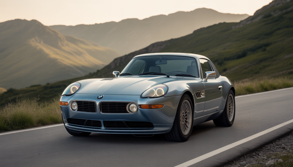 BMW Z8 couleur argent garée sur une route de montagne au coucher du soleil