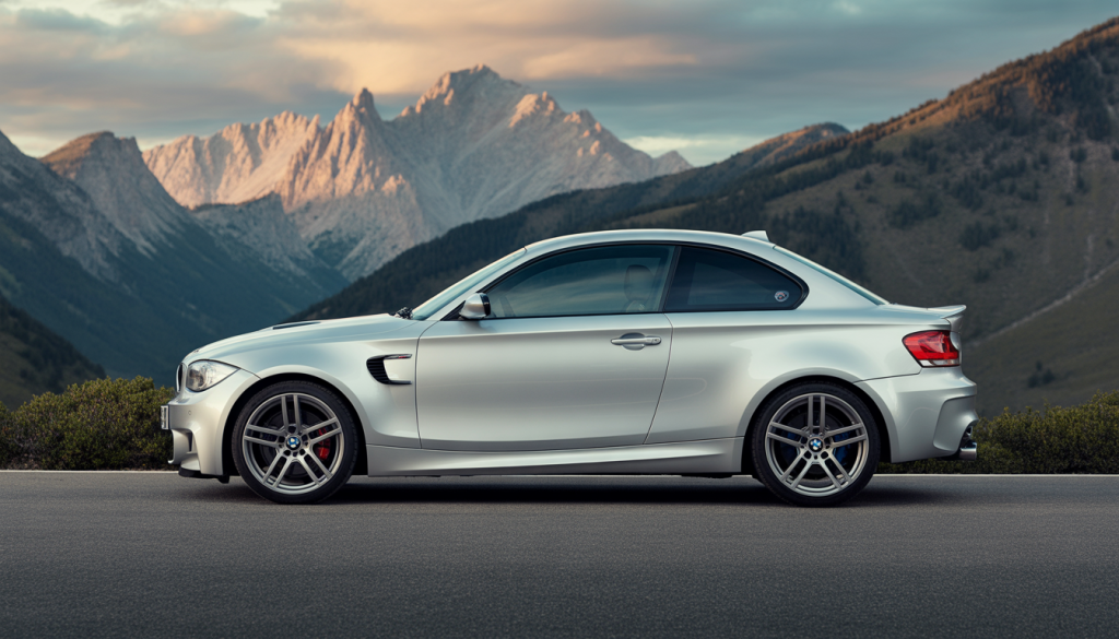 BMW 1 Series M Coupé Alpine White stationné sur une route de montagne