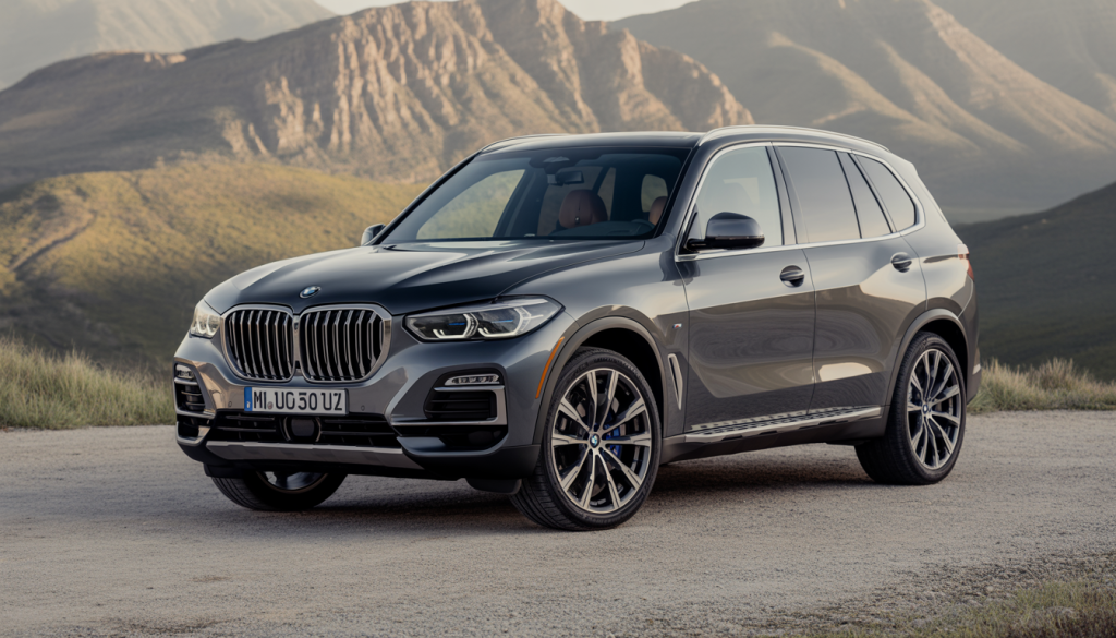 Photorealistic image of a used BMW X5 SUV with sporty design, double kidney grille, LED headlights and alloy wheels in an elegant outdoor setting