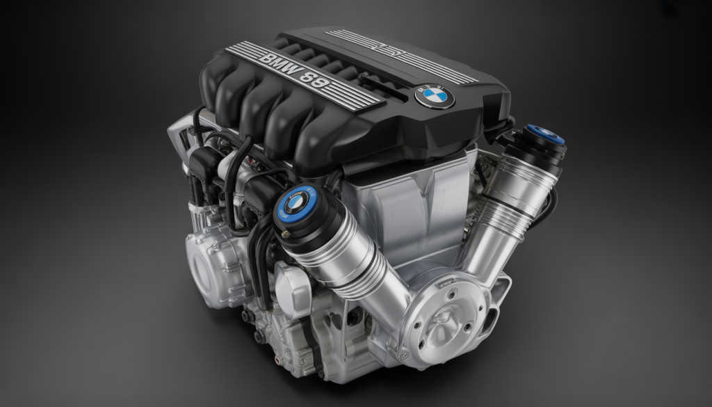 Vue détaillée du moteur BMW S65 V8 avec éclairage studio