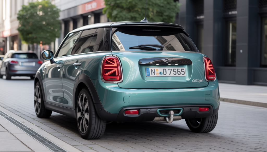 Mini Cooper avec attelage arrière, stationnée en rue urbaine