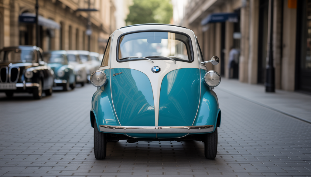 Vue frontale d'une BMW Isetta des années 1950 dans un décor urbain