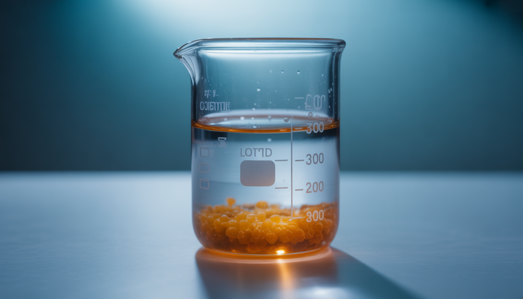 Bêcher en verre contenant un liquide trouble avec particules solides au fond
