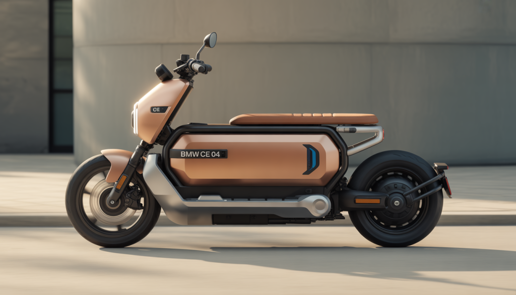 Scooter électrique BMW CE 04 moderne photographié en milieu urbain