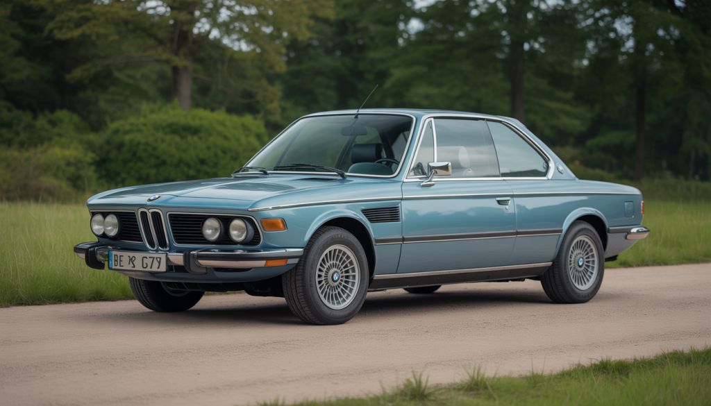 Photographie réaliste d'une BMW E9 coupé des années 1970 avec calandre shark nose et finitions chromées