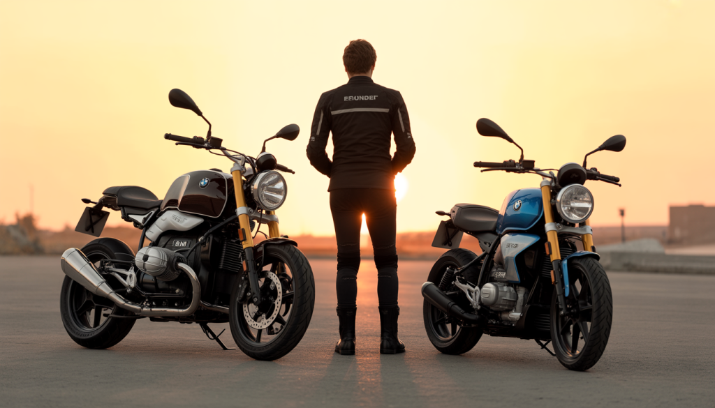 Motard entre une BMW touring et une BMW G310R en ville au coucher du soleil