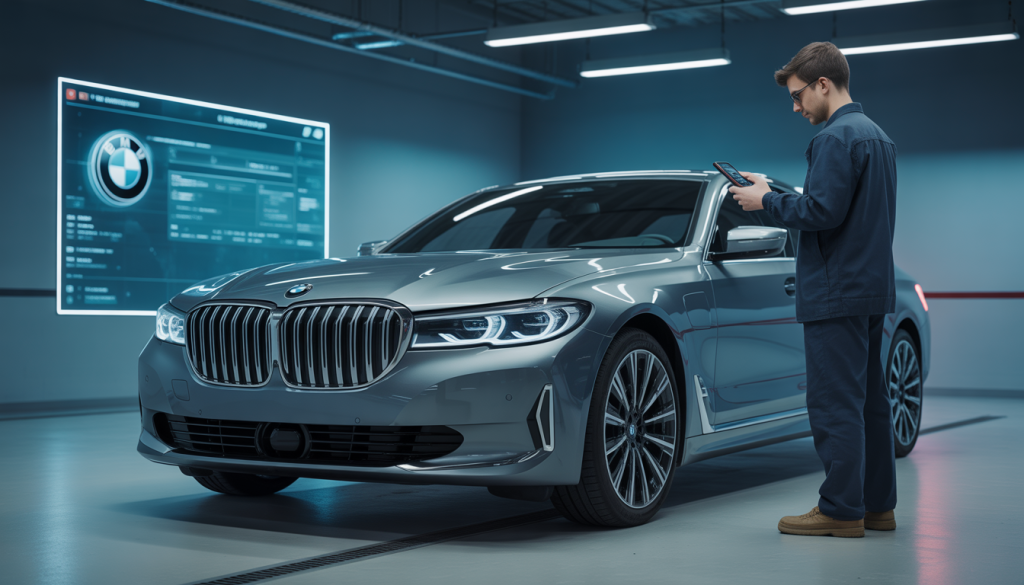 Technicien BMW utilisant un smartphone à côté d'une voiture de luxe garée dans un garage moderne