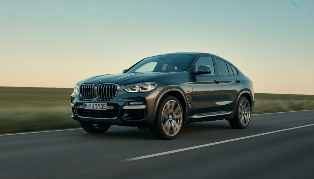 BMW X4 SUV coupé noir avec jantes chromées et phares LED sur route