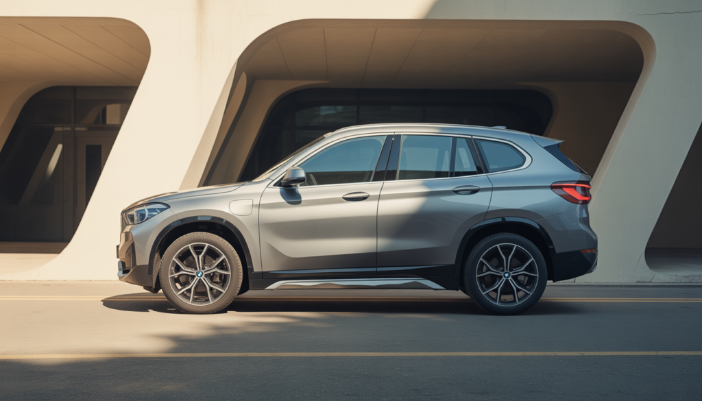 BMW X1 d'occasion dans un décor urbain, design élégant avec phares LED et arches carrées