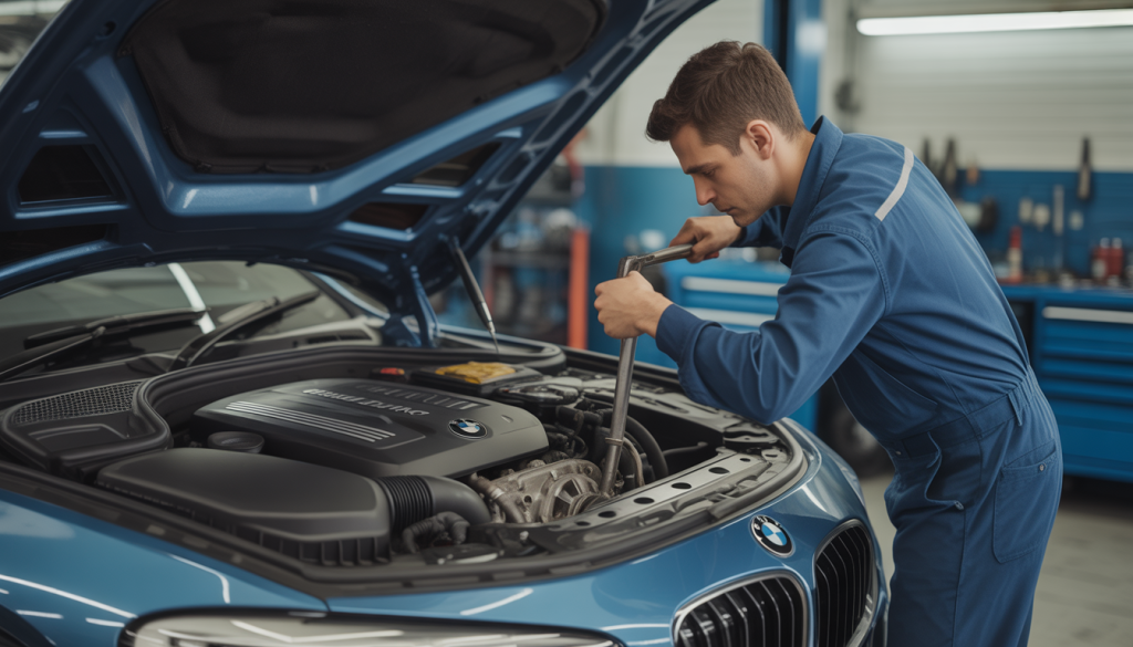 Technicien réparant un moteur BMW ouvert avec outils en main