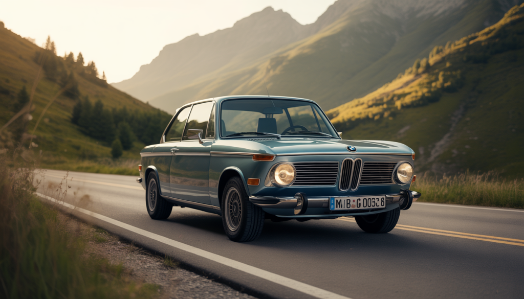 Voiture BMW 2002 classique garée sur une route de montagne au coucher du soleil