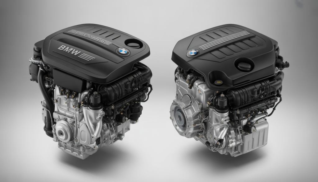 Gros plan photoréaliste de moteurs essence et diesel BMW avec système d’injection directe