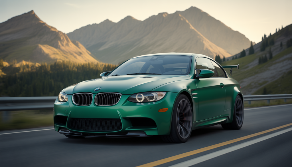 BMW M3 E92 avec toit carbone sur route de montagne au coucher du soleil