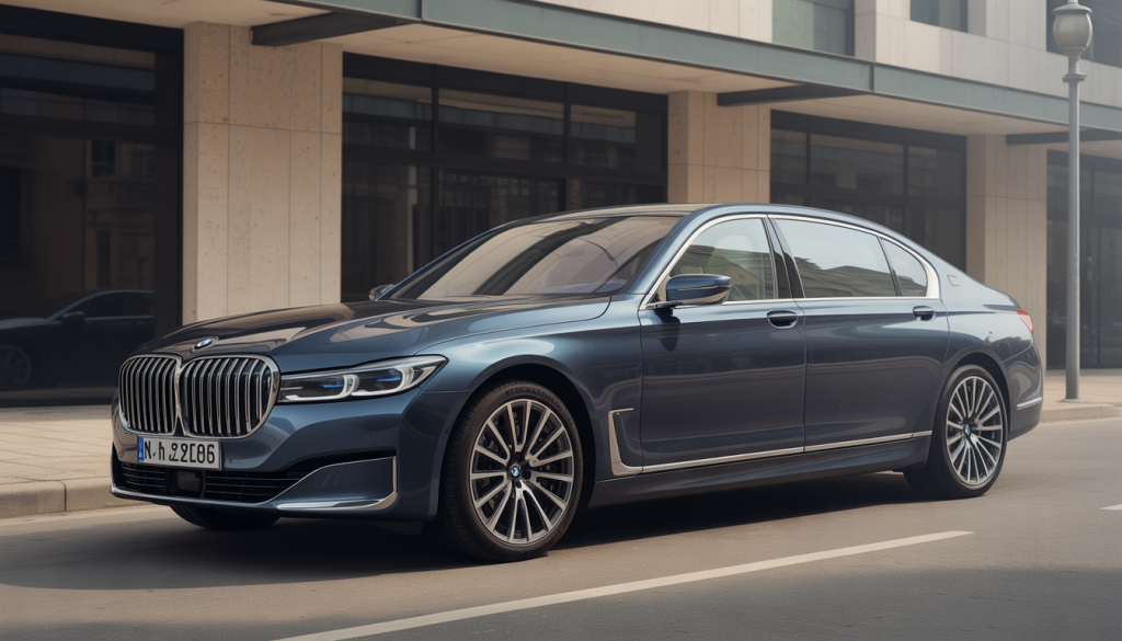 BMW Série 7 luxueuse avec phares LED, silhouette élégante, garée en ville