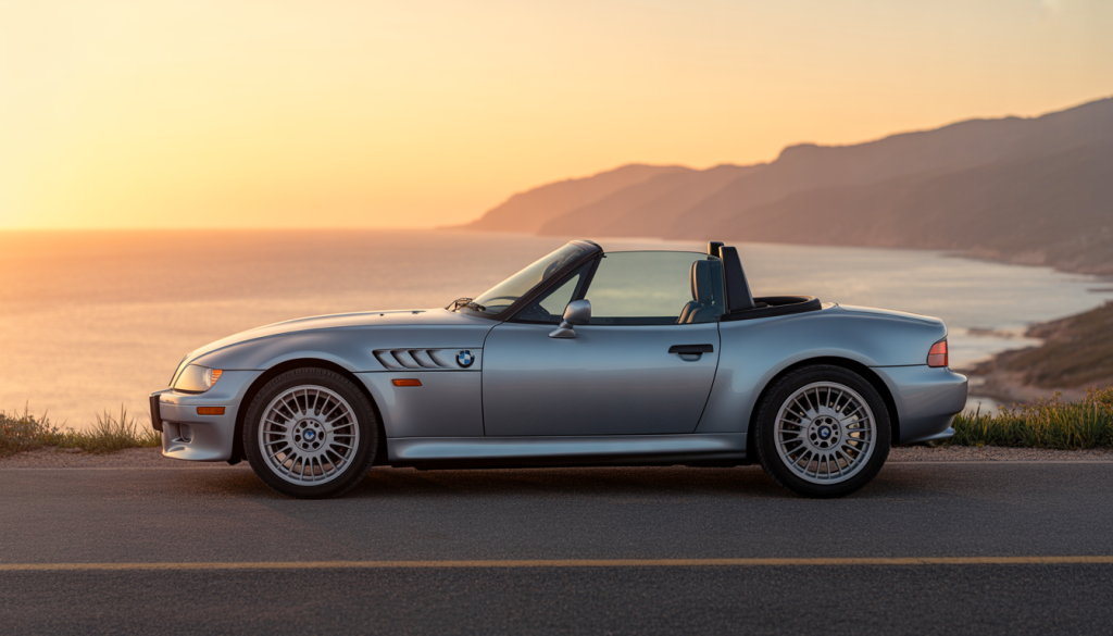 BMW Z3 roadster garée sur une route côtière au coucher du soleil