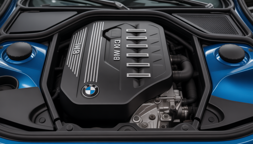 Gros plan détaillé d'un moteur BMW 3 cylindres avec textures métalliques