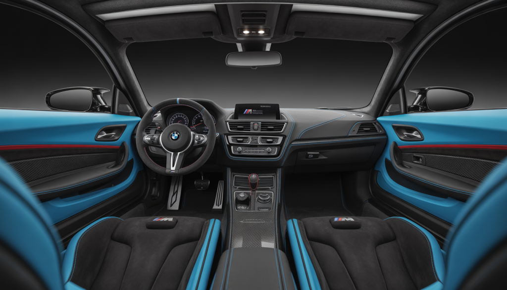 BMW M2 Coupé photoréaliste sur circuit avec intérieur carbone et sièges Alcantara