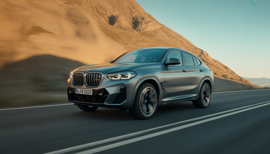 BMW X4M 2025 roulant sur une route de montagne avec ciel dégagé