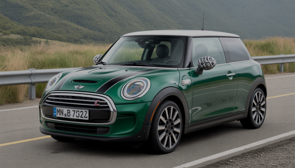 Mini Cooper stylisée avec accessoires MINI, tapis, coques de rétroviseurs et autocollants personnalisés, prise de vue photo réaliste