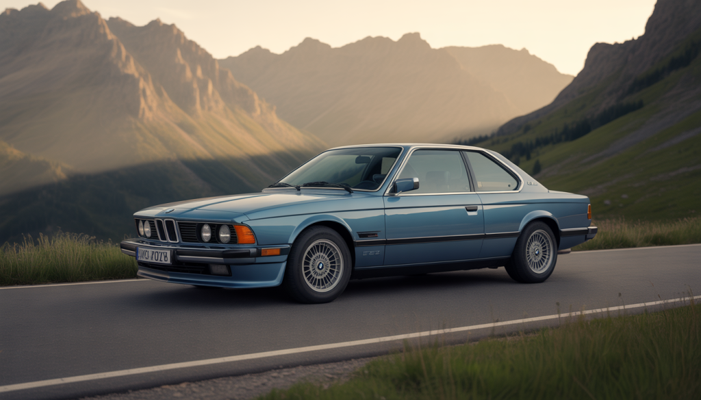 BMW E24 des années 1980 garée sur une route de montagne au coucher du soleil