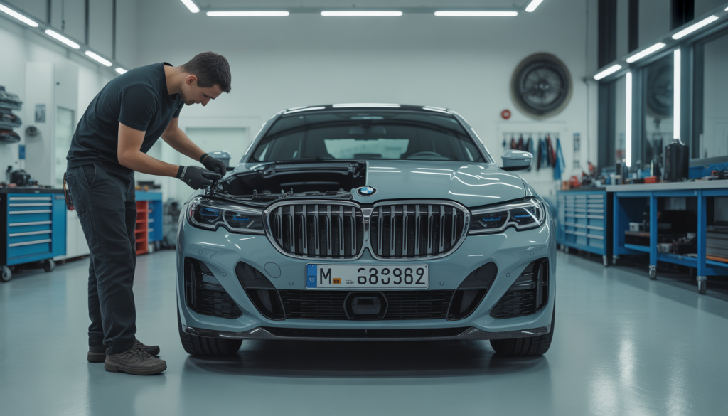 Technicien installant des pièces en fibre de carbone sur une BMW brillante dans un atelier moderne