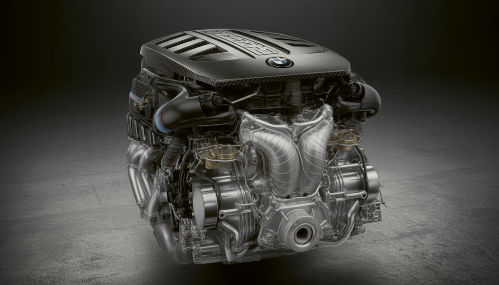 Moteur BMW V8 dans un atelier moderne avec détails en fibre de carbone