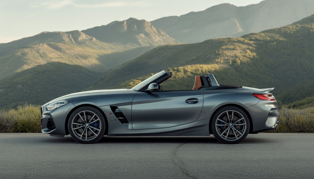 BMW Z4 garée sur une route panoramique avec intérieur luxueux visible