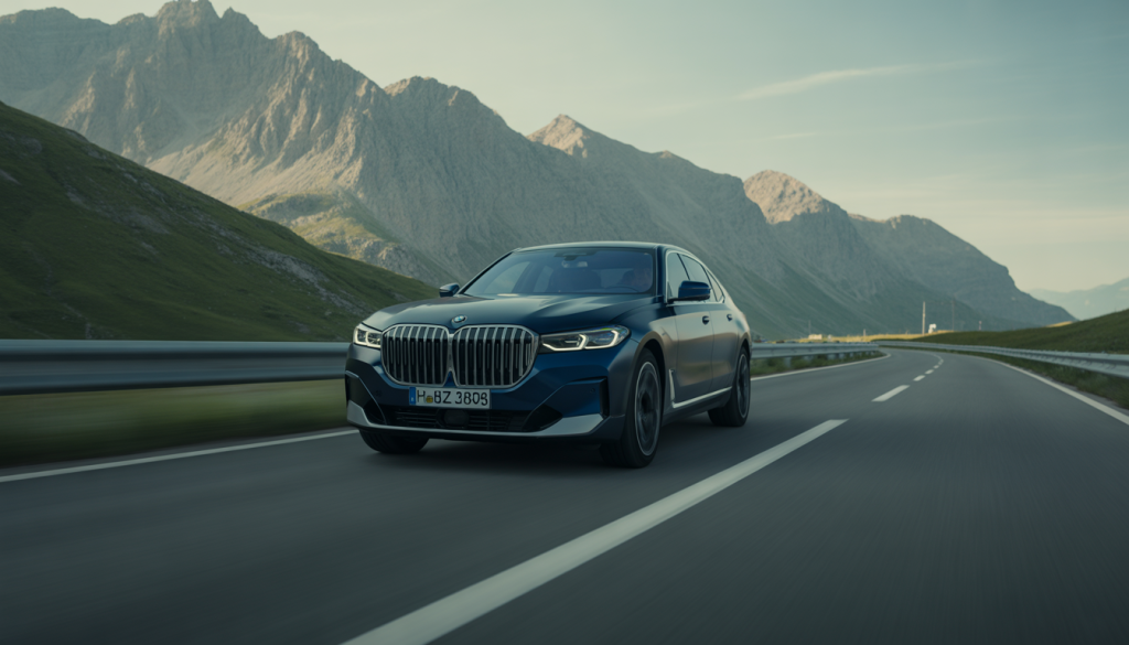 Voiture BMW roulant sur une route de montagne sinueuse en pleine nature