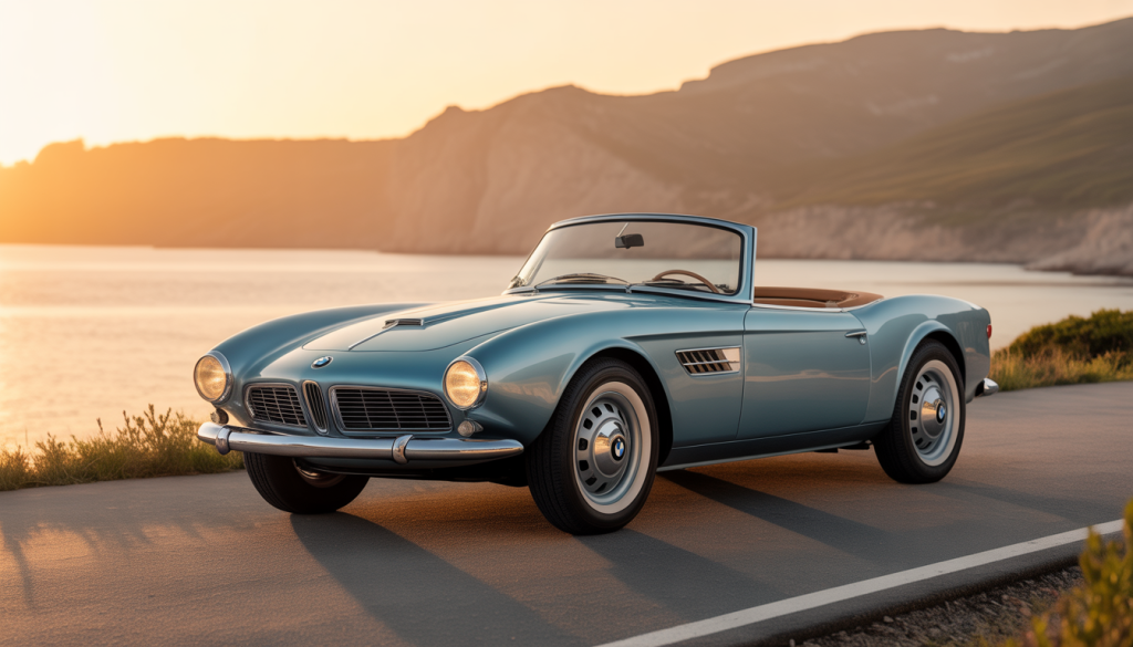 BMW 507 convertible classique sur route côtière au coucher du soleil