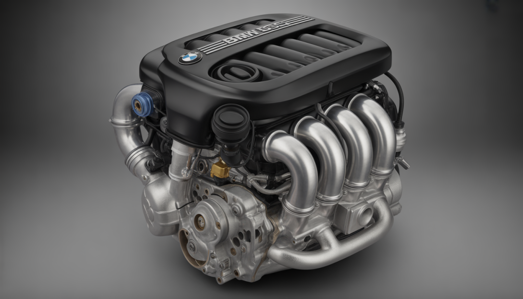Gros plan du moteur BMW S55 avec double turbocompresseur et pistons en aluminium
