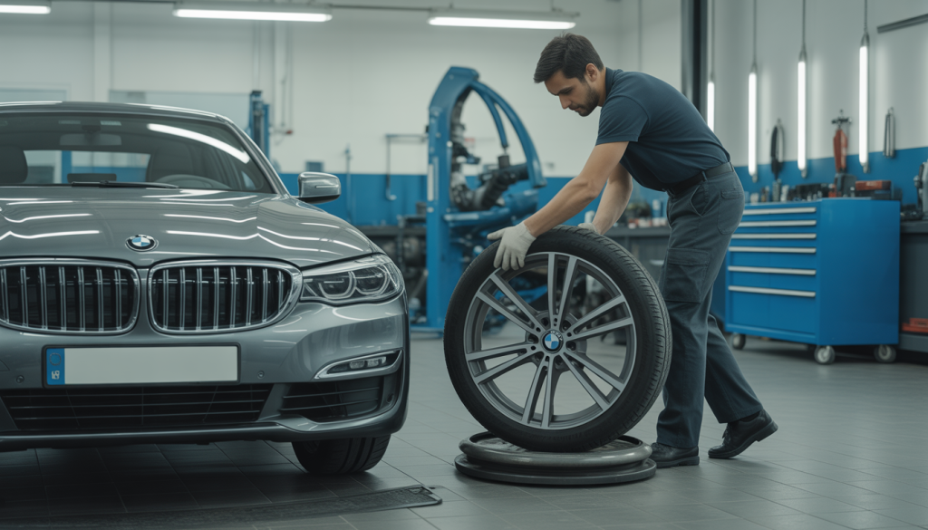 Technicien installant un pneu neuf sur une jante BMW dans un atelier lumineux avec des outils visibles