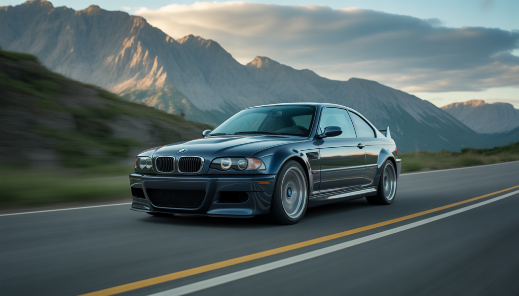 BMW M3 E46 en mouvement sur route de montagne avec effets dramatiques
