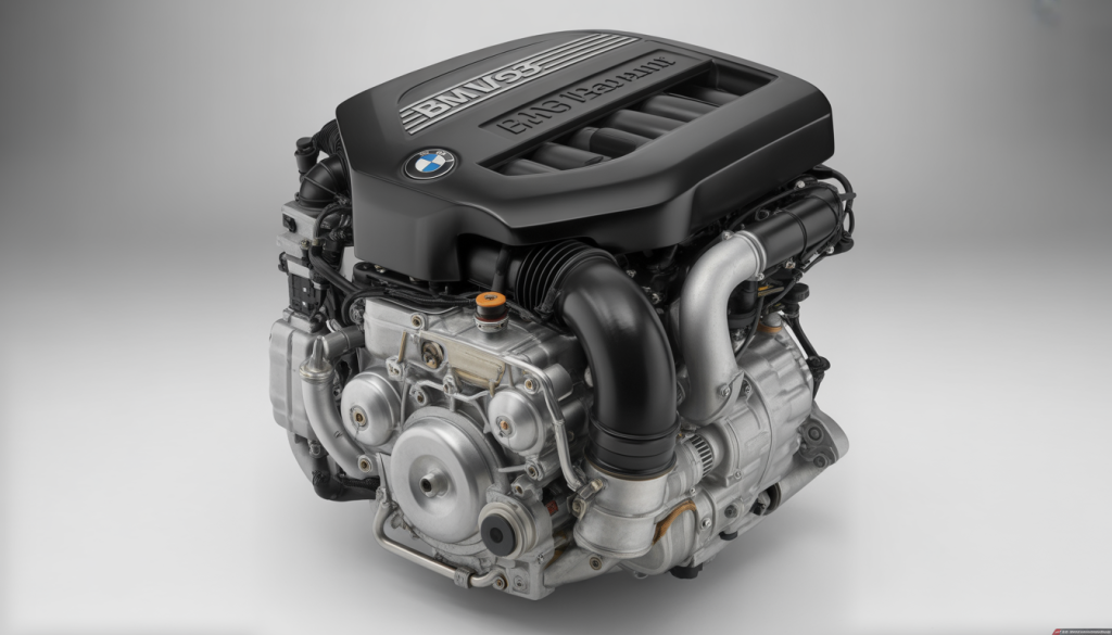 Photo studio photoréaliste du moteur BMW B58 avec turbo et six cylindres en ligne