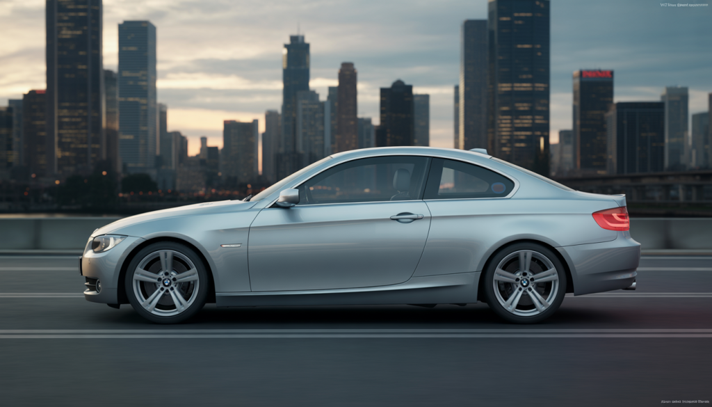 Photo réaliste d'une BMW 335i coupé argentée avec un design aérodynamique, sur fond urbain au crépuscule