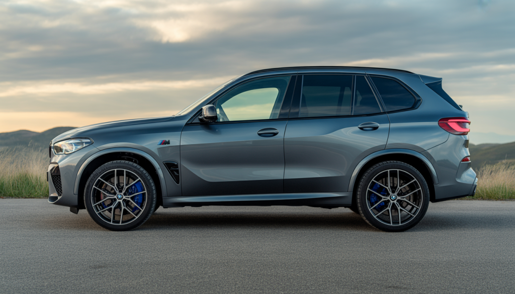 Photo d'une BMW X5 M avec Pack M, calandre noire mate, freins M bleus et échappement quadruple